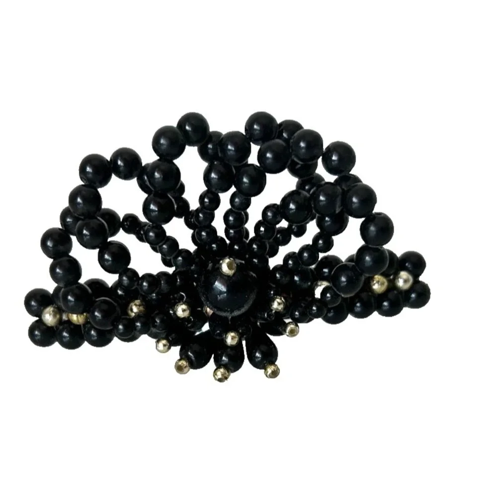 Vintage Black Beaded Bow Hair Barrette French Clip Mid Century Retro Black Pearl
